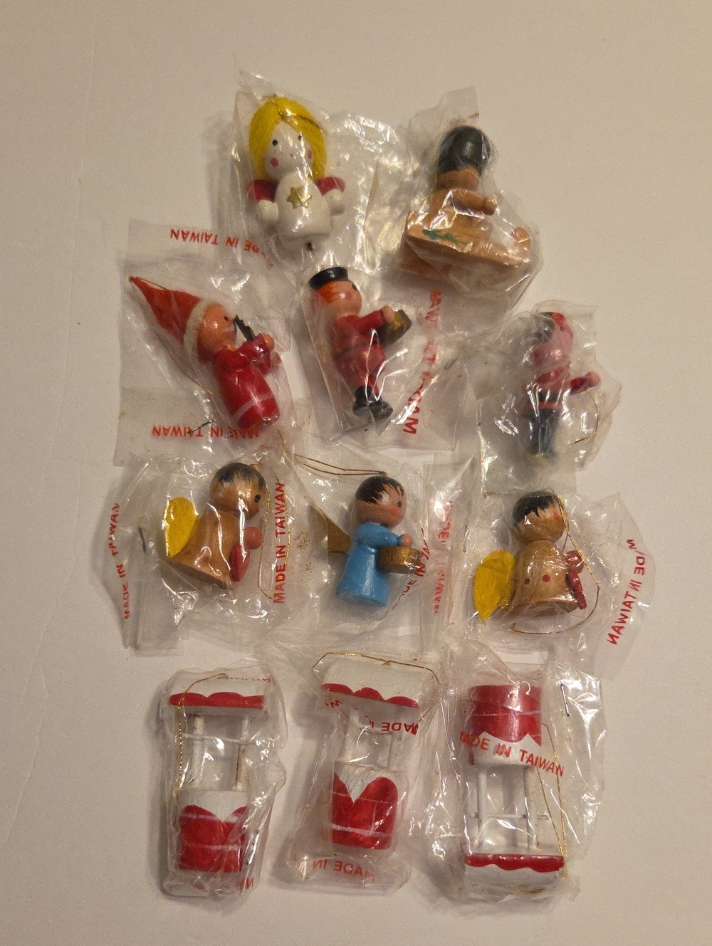 Vintage 11 Wooden Hand-Painted Ornaments Made In Taiwan